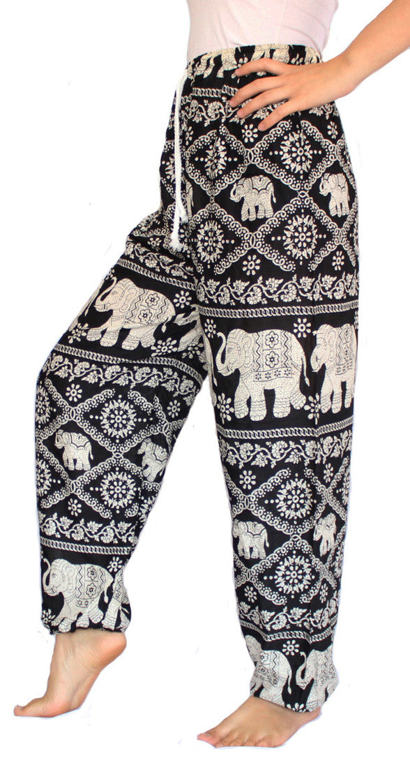 Black Elephant Harem Pants With Drawstring Waist - Bohemian Harem